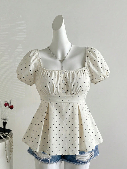 Sweetra French Style Black And White Polka Dot Puff Sleeve Square Collar A-Line Blouse,Summer Cute Everyday Elegant Minimalist Button Plus Size Women Shirt