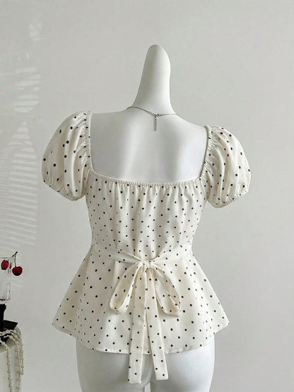 Sweetra French Style Black And White Polka Dot Puff Sleeve Square Collar A-Line Blouse,Summer Cute Everyday Elegant Minimalist Button Plus Size Women Shirt