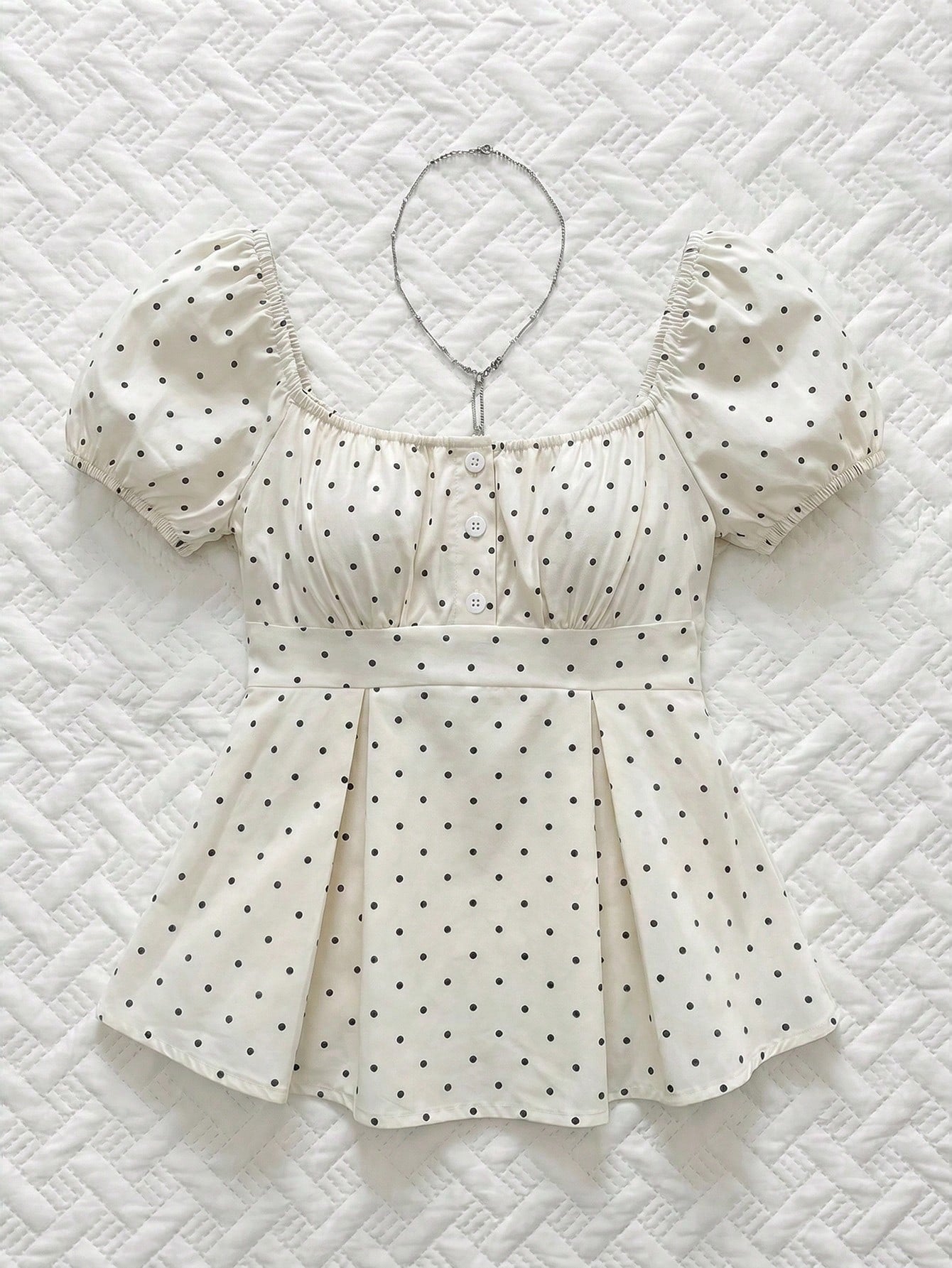 Sweetra French Style Black And White Polka Dot Puff Sleeve Square Collar A-Line Blouse,Summer Cute Everyday Elegant Minimalist Button Plus Size Women Shirt