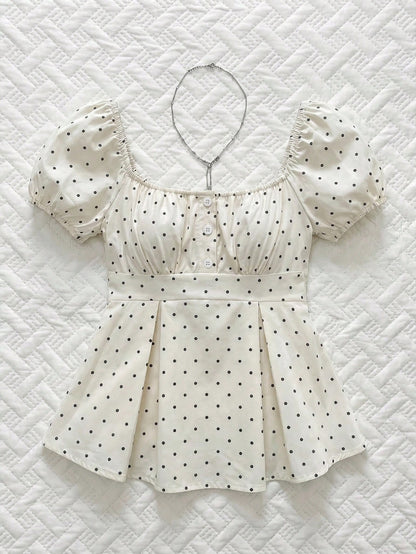 Sweetra French Style Black And White Polka Dot Puff Sleeve Square Collar A-Line Blouse,Summer Cute Everyday Elegant Minimalist Button Plus Size Women Shirt