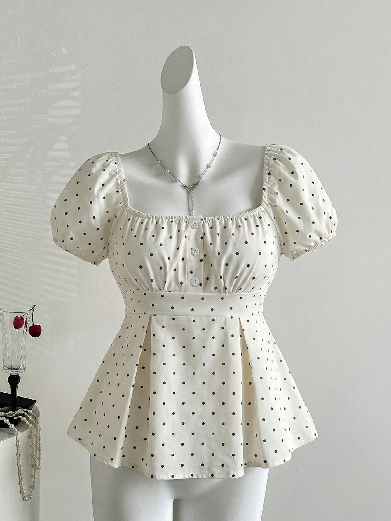 Sweetra French Style Black And White Polka Dot Puff Sleeve Square Collar A-Line Blouse,Summer Cute Everyday Elegant Minimalist Button Plus Size Women Shirt