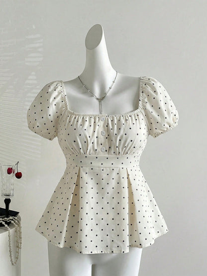 Sweetra French Style Black And White Polka Dot Puff Sleeve Square Collar A-Line Blouse,Summer Cute Everyday Elegant Minimalist Button Plus Size Women Shirt