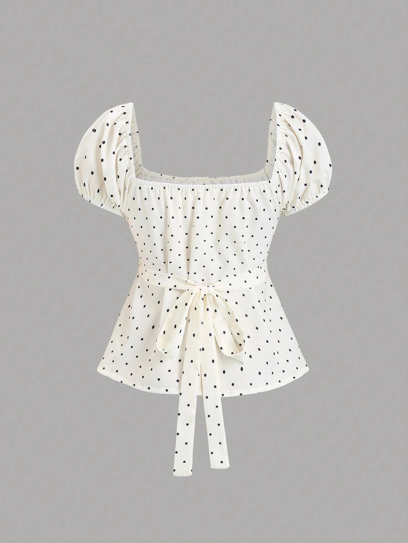 Sweetra French Style Black And White Polka Dot Puff Sleeve Square Collar A-Line Blouse,Summer Cute Everyday Elegant Minimalist Button Plus Size Women Shirt