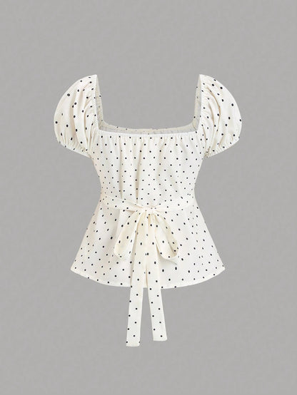 Sweetra French Style Black And White Polka Dot Puff Sleeve Square Collar A-Line Blouse,Summer Cute Everyday Elegant Minimalist Button Plus Size Women Shirt