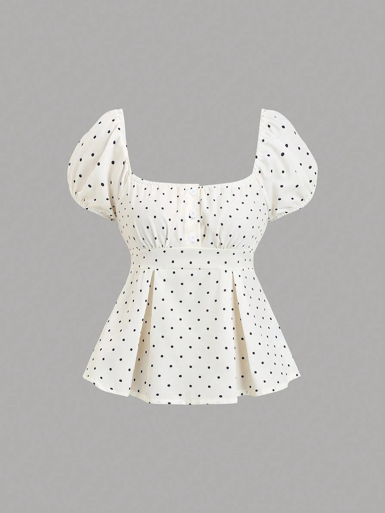 Sweetra French Style Black And White Polka Dot Puff Sleeve Square Collar A-Line Blouse,Summer Cute Everyday Elegant Minimalist Button Plus Size Women Shirt