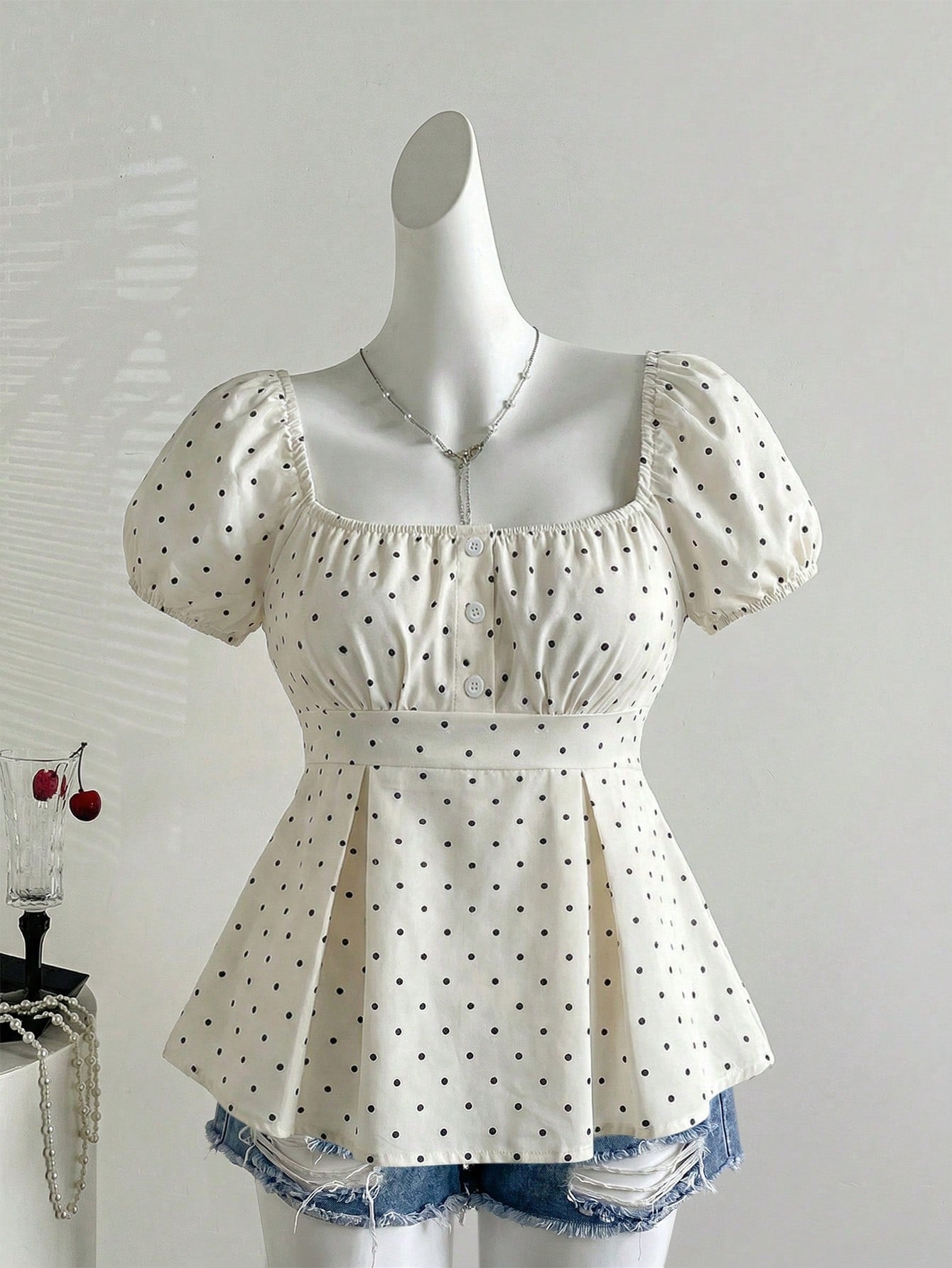 Sweetra French Style Black And White Polka Dot Puff Sleeve Square Collar A-Line Blouse,Summer Cute Everyday Elegant Minimalist Button Plus Size Women Shirt