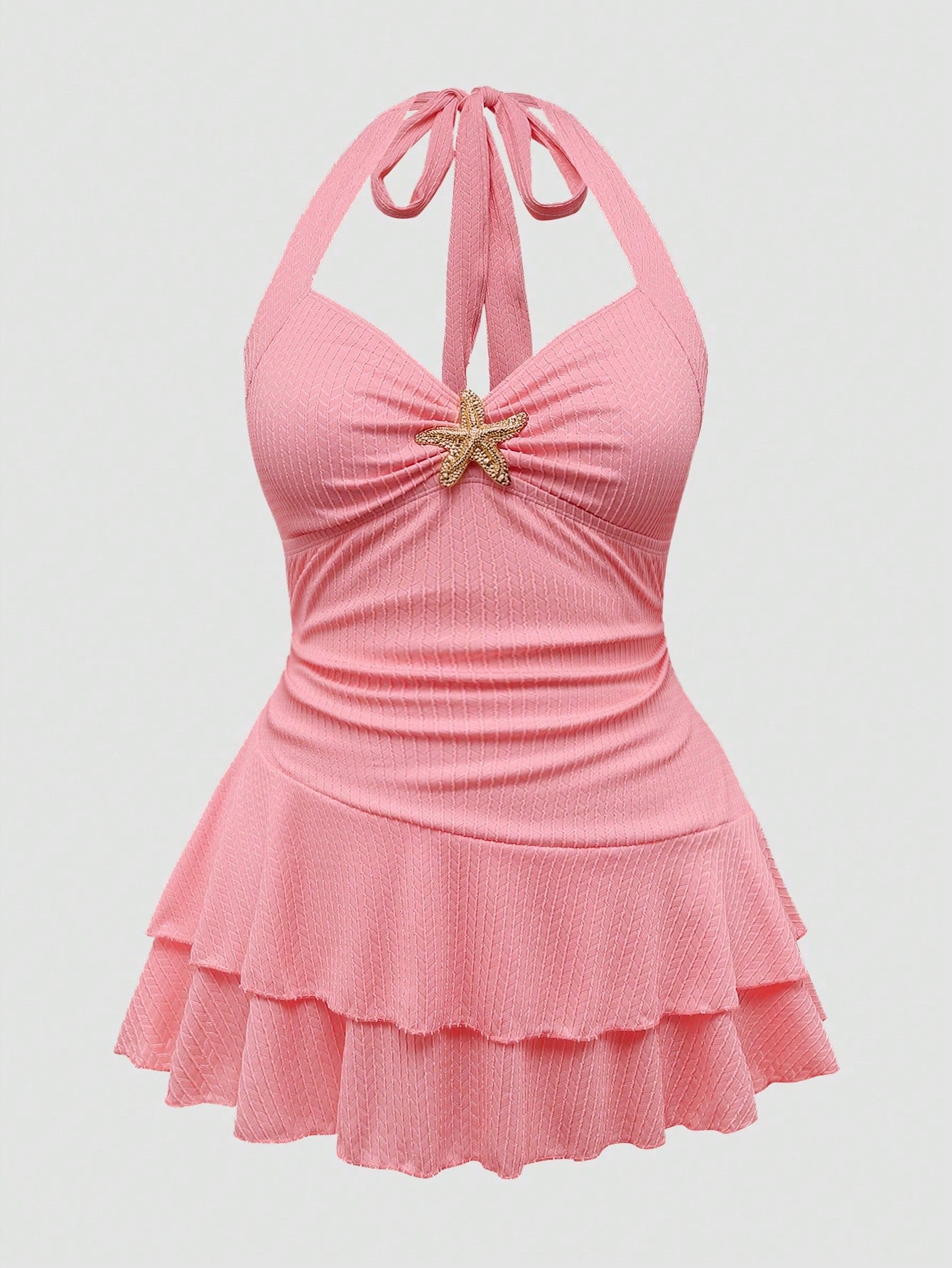 Sweetra New Plus Size Women's Sweet Cute Textured Fabric Starfish Decor Camisole Dress + Swim Shorts 2 Piece Set, Suitable For Summer Beach Vacation
