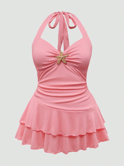 Sweetra New Plus Size Women's Sweet Cute Textured Fabric Starfish Decor Camisole Dress + Swim Shorts 2 Piece Set, Suitable For Summer Beach Vacation