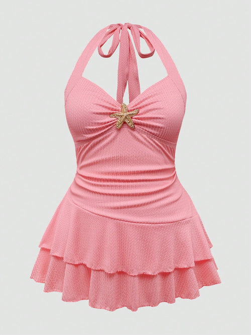 Sweetra New Plus Size Women's Sweet Cute Textured Fabric Starfish Decor Camisole Dress + Swim Shorts 2 Piece Set, Suitable For Summer Beach Vacation