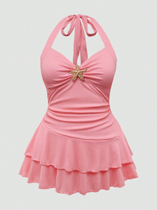Sweetra New Plus Size Women's Sweet Cute Textured Fabric Starfish Decor Camisole Dress + Swim Shorts 2 Piece Set, Suitable For Summer Beach Vacation