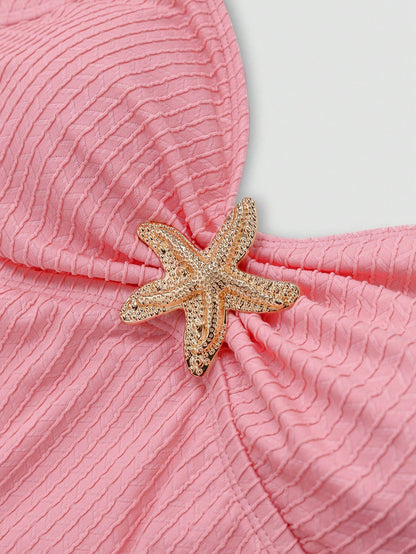 Sweetra New Plus Size Women's Sweet Cute Textured Fabric Starfish Decor Camisole Dress + Swim Shorts 2 Piece Set, Suitable For Summer Beach Vacation