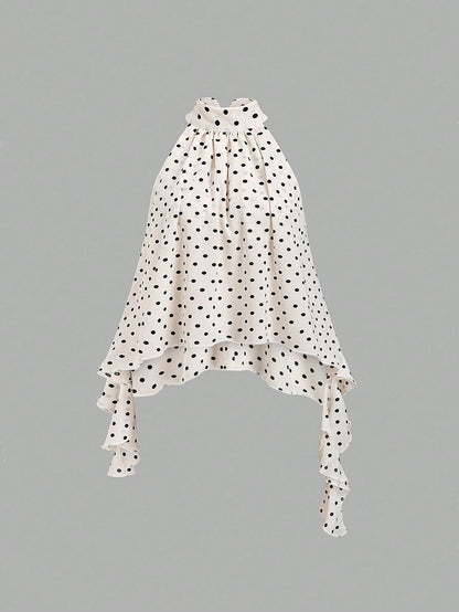 Sweetra New Summer French Polka Dot Elegant Commuting Office Shirt, Versatile Ruffle Tie Apricot Blouse