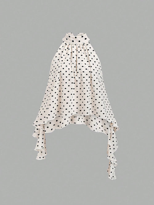 Sweetra New Summer French Polka Dot Elegant Commuting Office Shirt, Versatile Ruffle Tie Apricot Blouse
