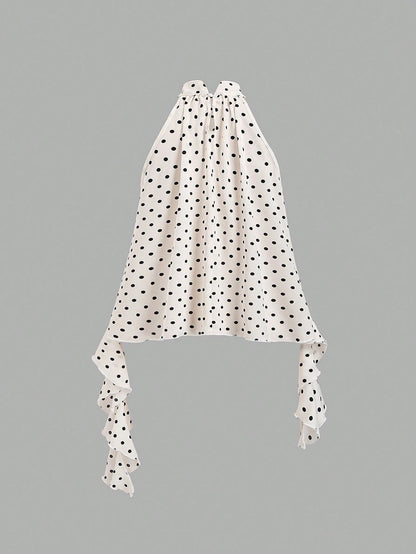 Sweetra New Summer French Polka Dot Elegant Commuting Office Shirt, Versatile Ruffle Tie Apricot Blouse