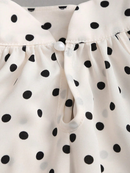 Sweetra New Summer French Polka Dot Elegant Commuting Office Shirt, Versatile Ruffle Tie Apricot Blouse
