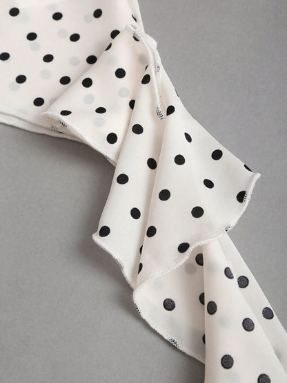 Sweetra New Summer French Polka Dot Elegant Commuting Office Shirt, Versatile Ruffle Tie Apricot Blouse