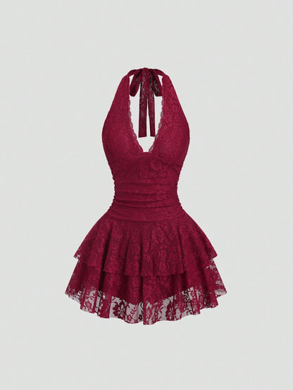 Sweetra Petite Women's Red Sleeveless V-Neck Lace Patchwork Sexy Hot Girl Mini Dress,Petite Women