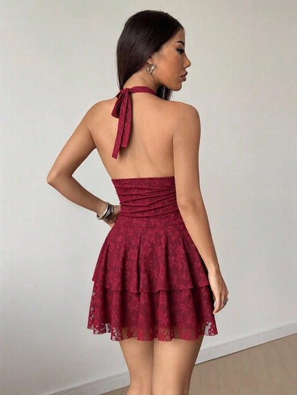Sweetra Petite Women's Red Sleeveless V-Neck Lace Patchwork Sexy Hot Girl Mini Dress,Petite Women