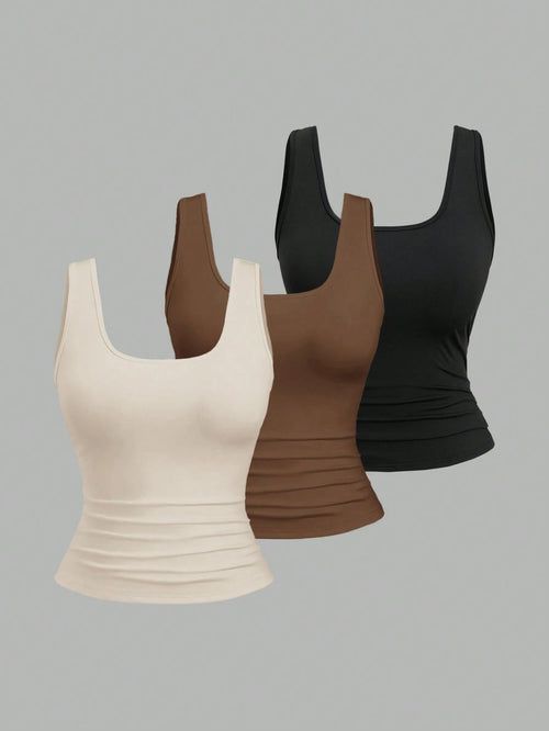 Sweetra Plus Size Women's Summer Short Square Neck Pleated Casual Tank Top