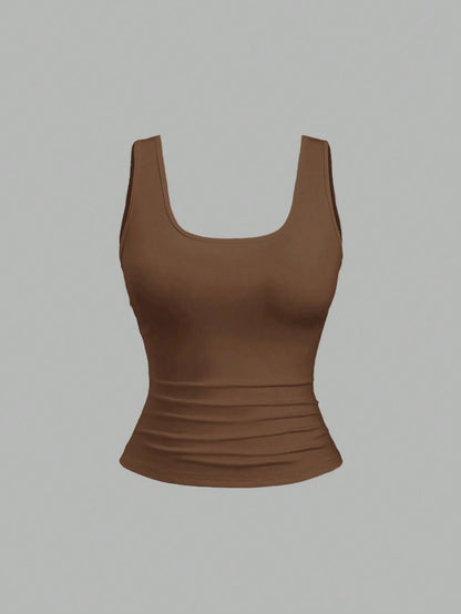 Sweetra Plus Size Women's Summer Short Square Neck Pleated Casual Tank Top