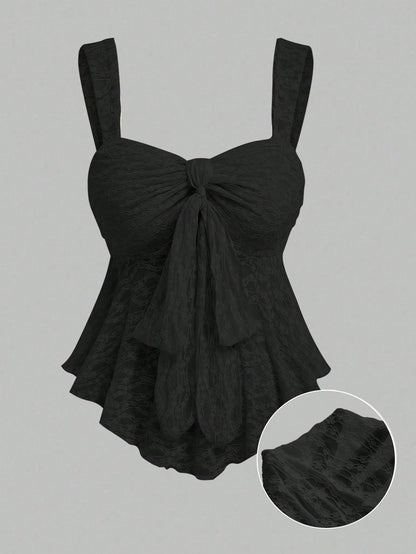 Sweetra Plus Size Women Solid Color Bow Lace Cropped Camisole