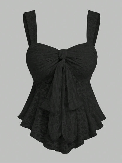 Sweetra Plus Size Women Solid Color Bow Lace Cropped Camisole