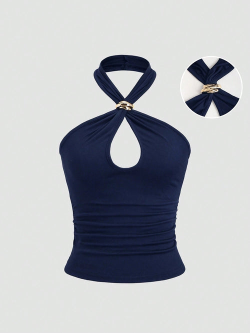 Sweetra Sexy Backless Solid Color Metal Decor Fitted Crop Top, Chic & Stylish
