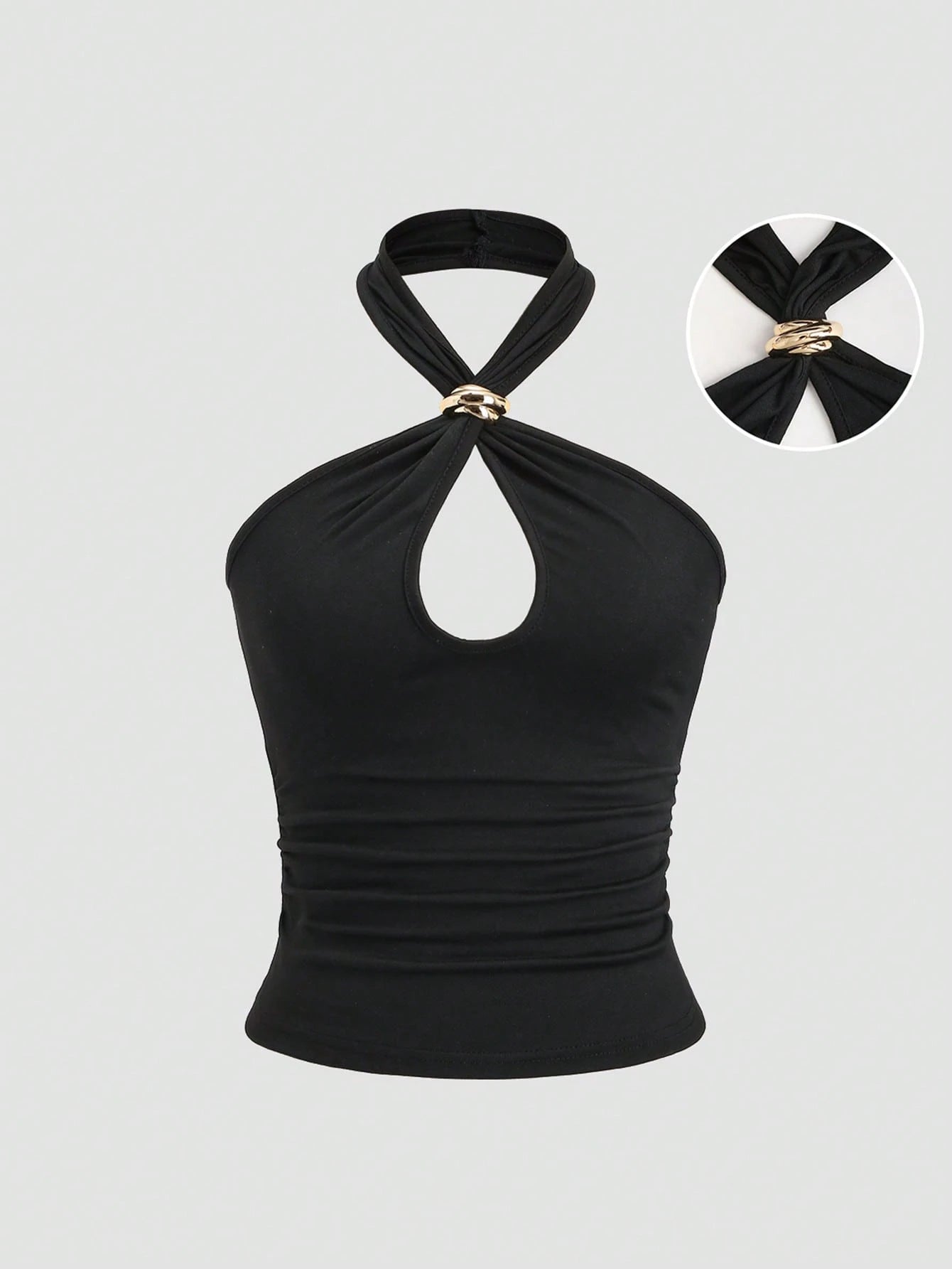 Sweetra Sexy Backless Solid Color Metal Decor Fitted Crop Top, Chic & Stylish