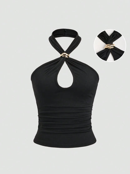 Sweetra Sexy Backless Solid Color Metal Decor Fitted Crop Top, Chic & Stylish