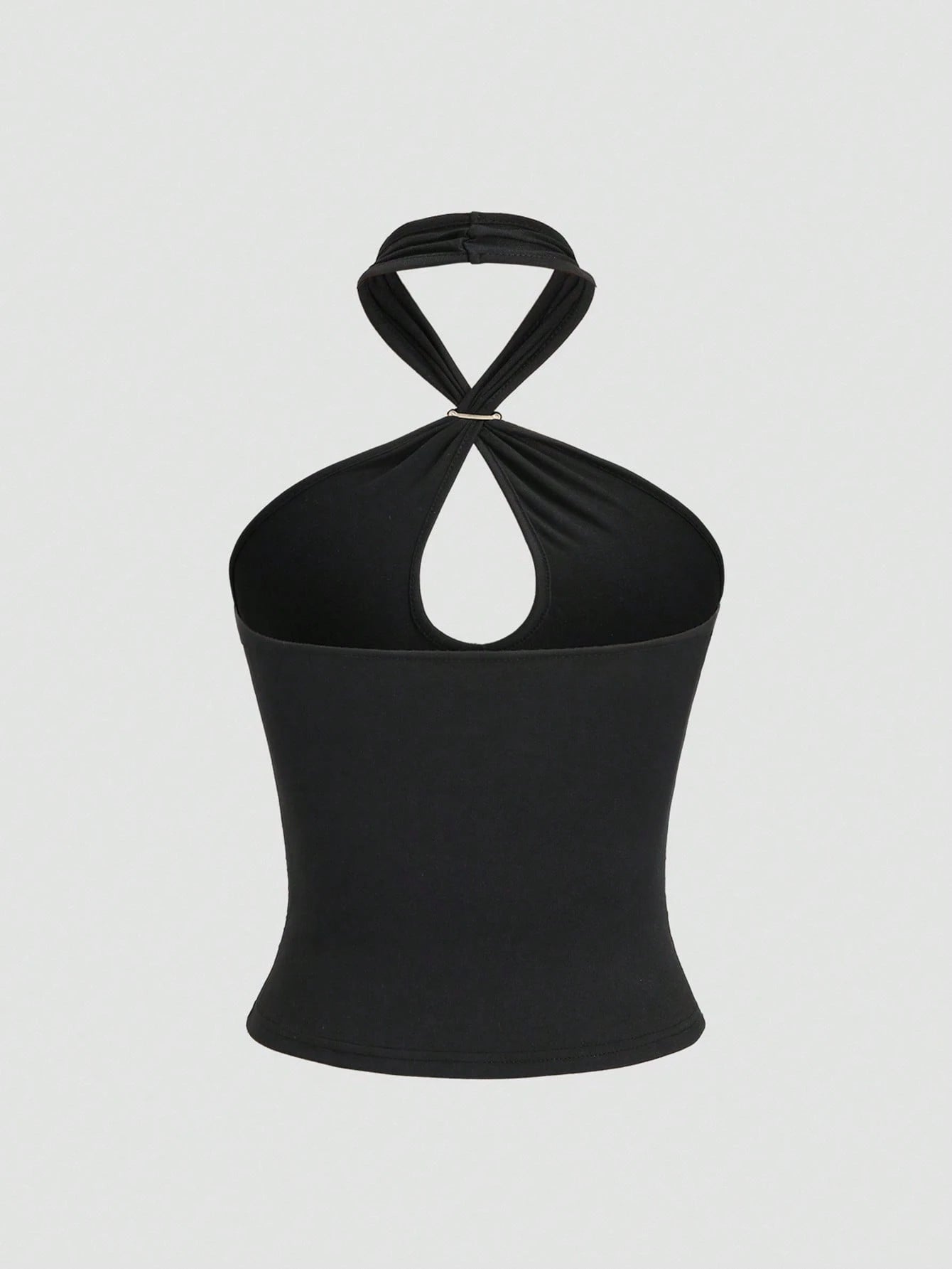 Sweetra Sexy Backless Solid Color Metal Decor Fitted Crop Top, Chic & Stylish