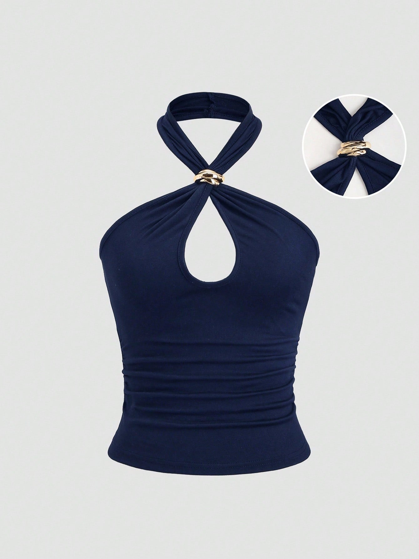 Sweetra Sexy Backless Solid Color Metal Decor Fitted Crop Top, Chic & Stylish