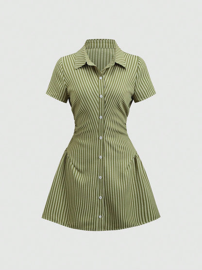 Sweetra Sweet & Fresh Pink Short Sleeve Shirt Dress, Waist Cinched Slimming Stylish Blouse Dress For Summer