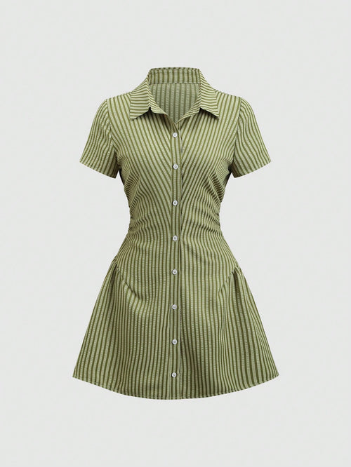 Sweetra Sweet & Fresh Pink Short Sleeve Shirt Dress, Waist Cinched Slimming Stylish Blouse Dress For Summer