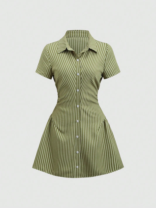 Sweetra Sweet & Fresh Pink Short Sleeve Shirt Dress, Waist Cinched Slimming Stylish Blouse Dress For Summer