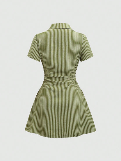 Sweetra Sweet & Fresh Pink Short Sleeve Shirt Dress, Waist Cinched Slimming Stylish Blouse Dress For Summer