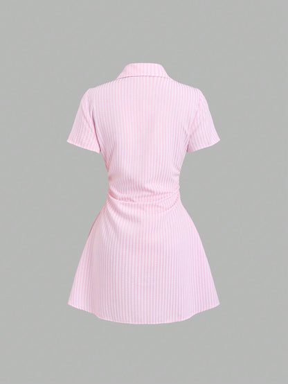 Sweetra Sweet & Fresh Pink Short Sleeve Shirt Dress, Waist Cinched Slimming Stylish Blouse Dress For Summer