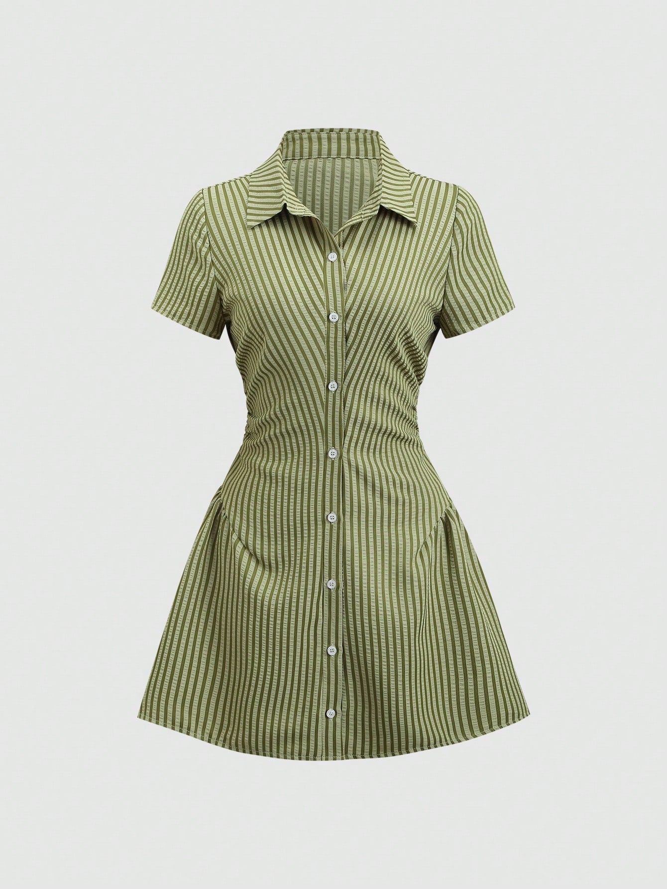 Sweetra Sweet & Fresh Pink Short Sleeve Shirt Dress, Waist Cinched Slimming Stylish Blouse Dress For Summer