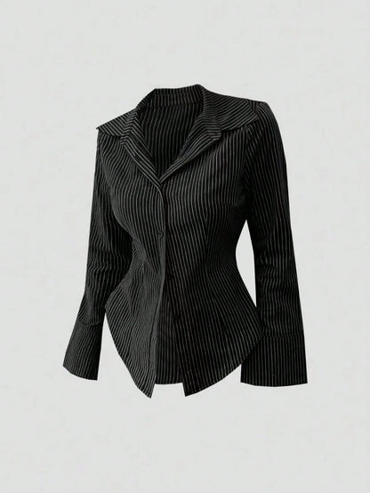 Sweetra Women's Bell Sleeve Single-Breasted Striped Casual Shirt For Commuting