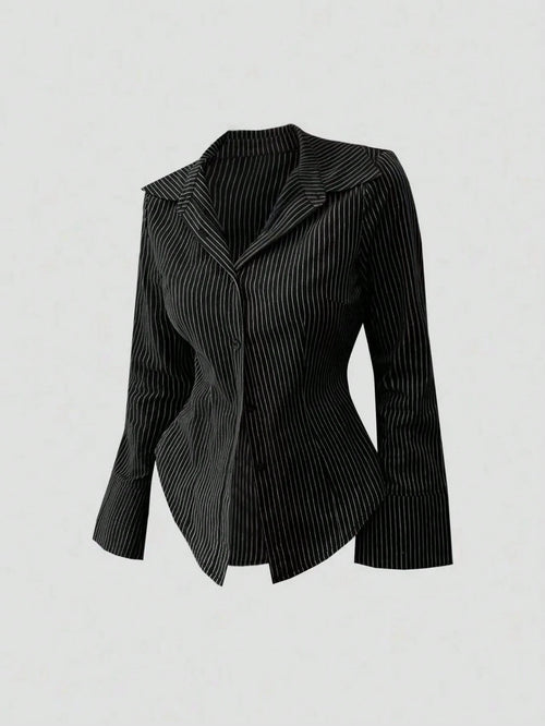 Sweetra Women's Bell Sleeve Single-Breasted Striped Casual Shirt For Commuting