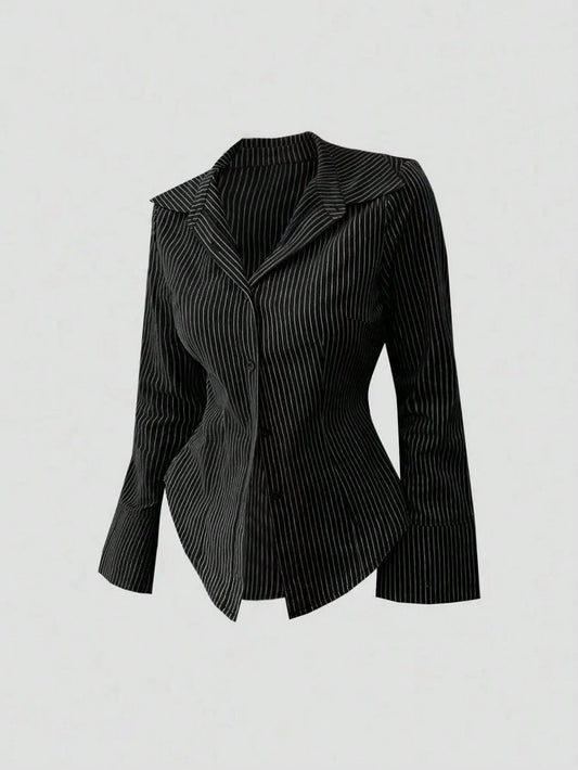Sweetra Women's Bell Sleeve Single-Breasted Striped Casual Shirt For Commuting