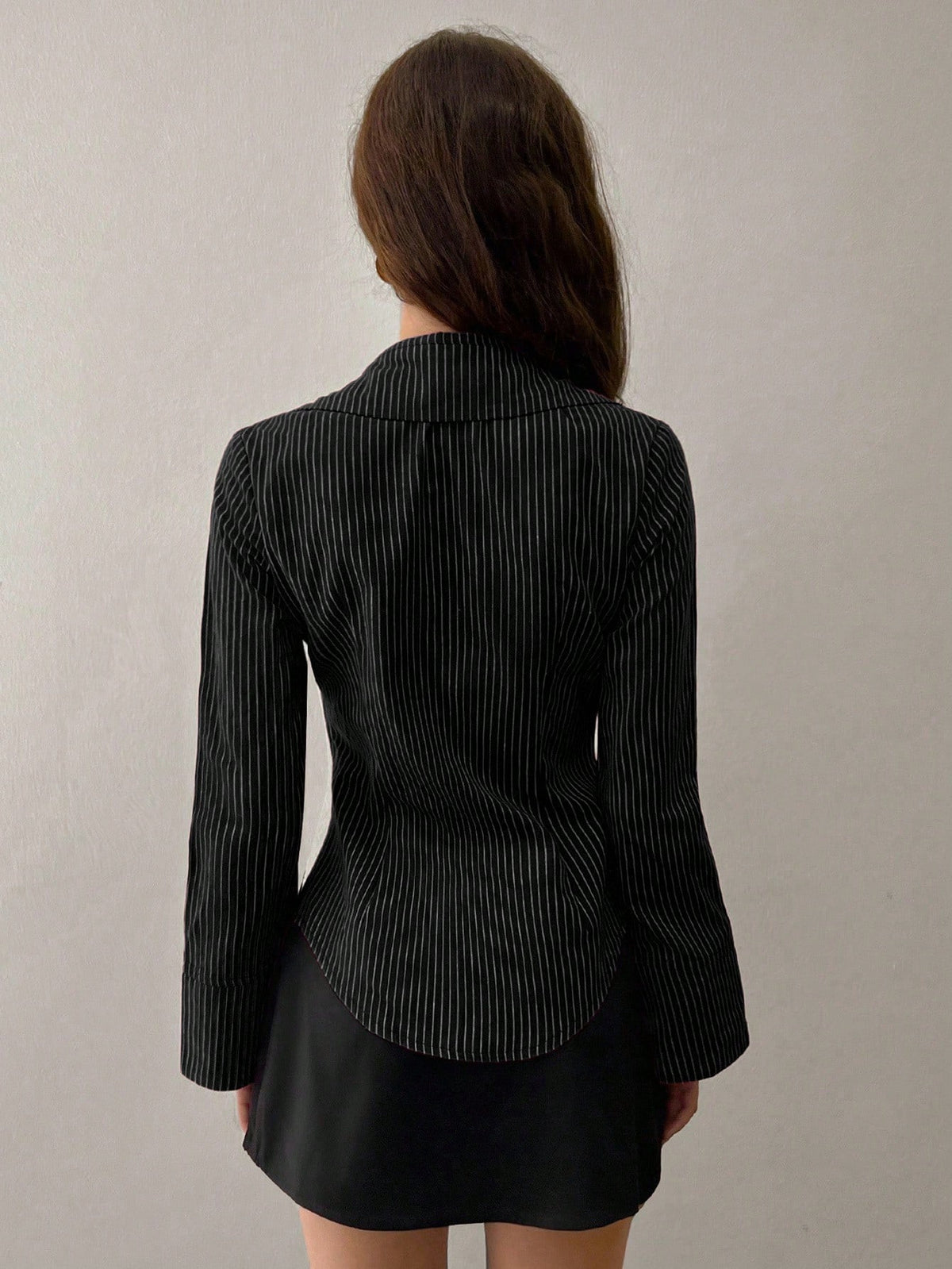 Sweetra Women's Bell Sleeve Single-Breasted Striped Casual Shirt For Commuting