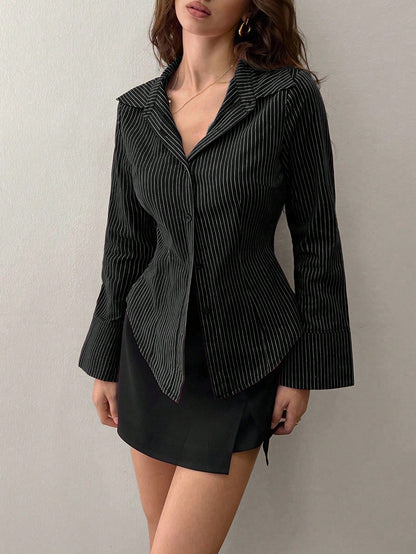 Sweetra Women's Bell Sleeve Single-Breasted Striped Casual Shirt For Commuting