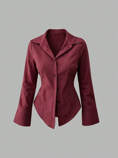 Sweetra Women's Bell Sleeve Single-Breasted Striped Casual Shirt For Commuting