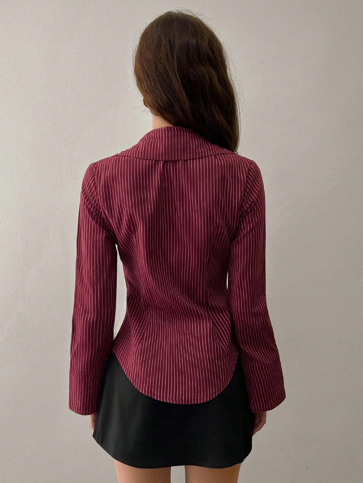 Sweetra Women's Bell Sleeve Single-Breasted Striped Casual Shirt For Commuting