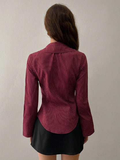 Sweetra Women's Bell Sleeve Single-Breasted Striped Casual Shirt For Commuting