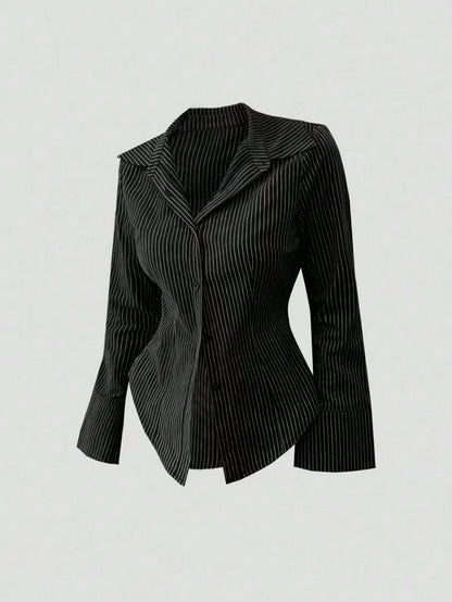 Sweetra Women's Bell Sleeve Single-Breasted Striped Casual Shirt For Commuting