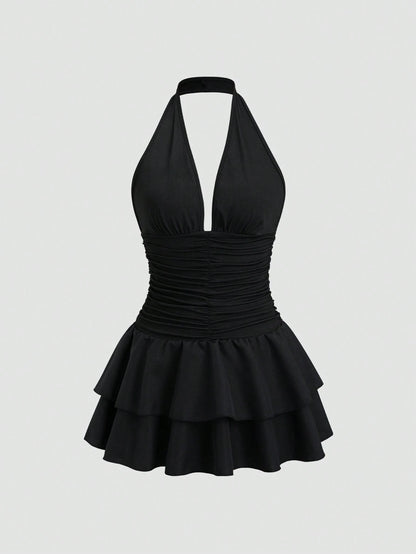 Sweetra Women's Black Summer 70s Club Party Knit & Woven Patchwork V-Neck Ruffle Backless Mini Dress With Ruched Waist,Elegant Casual Vacation Dress