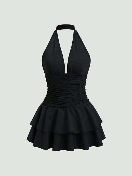 Sweetra Women's Black Summer 70s Club Party Knit & Woven Patchwork V-Neck Ruffle Backless Mini Dress With Ruched Waist,Elegant Casual Vacation Dress