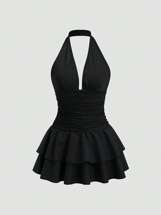 Sweetra Women's Black Summer 70s Club Party Knit & Woven Patchwork V-Neck Ruffle Backless Mini Dress With Ruched Waist,Elegant Casual Vacation Dress