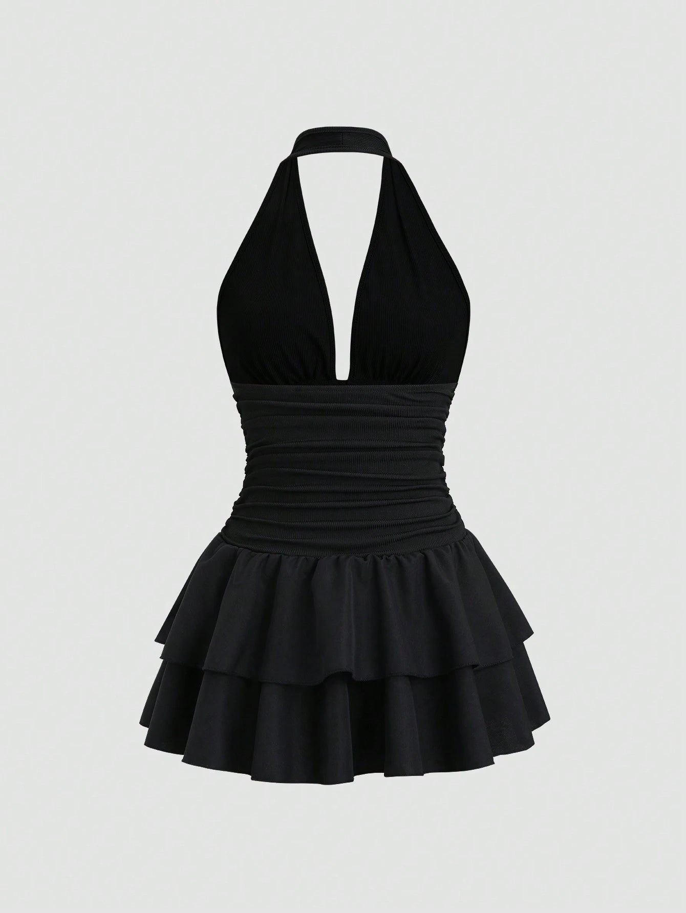 Sweetra Women's Black Summer 70s Club Party Knit & Woven Patchwork V-Neck Ruffle Backless Mini Dress With Ruched Waist,Elegant Casual Vacation Dress